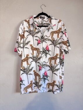 Bad Birdie Mens Shirt XL Short Sleeve Golf Polo Cheetah Parrot Palm Trees White